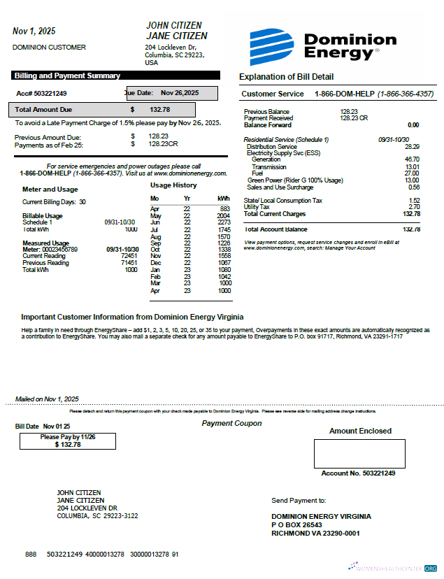 download USA Dominion Energy utility bill template in Word and PDF formats, version 2 PDF template